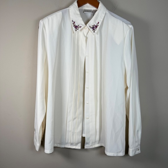 Koret Cream Button Down Shirt Floral Embroidered Collar Size 18 Office Career - Picture 1 of 10